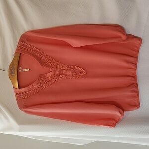 Grand & Green Peasant Blouse Women's  Coral 3/4 Sleeve lge